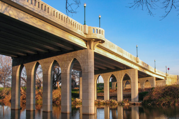 View from river bank College Street Bridge at the San Gabriel River