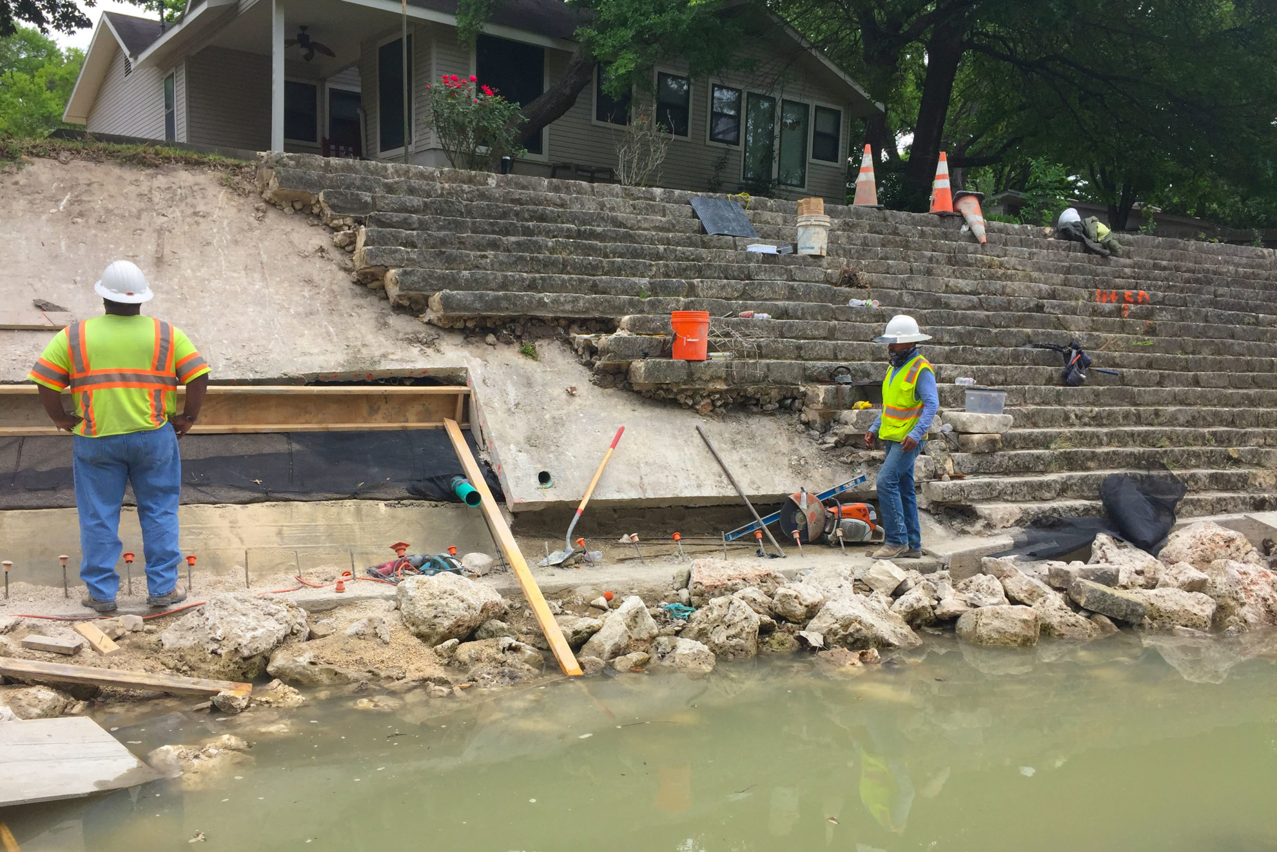 Construction team working on Shoal Creek Revetment Repairs